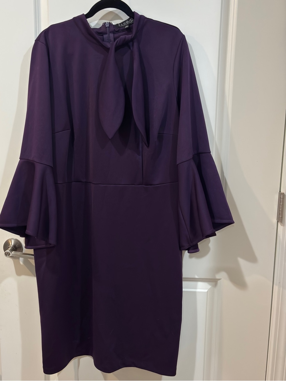 NWT ELOQUII Plus Sz Flare Sleeve Scuba Dress in a deep plum or aubergine purple